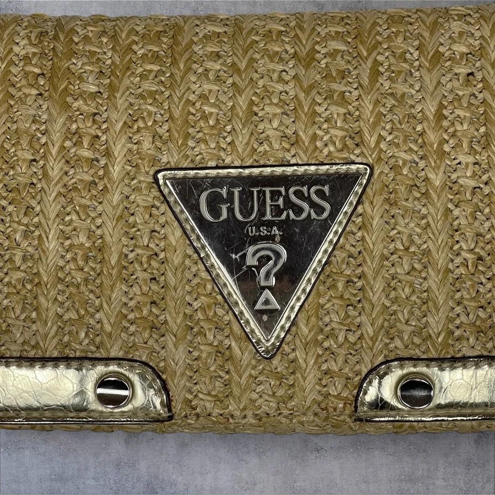 Vtg Y2K Style Guess Baguette Straw Purse Metallic Silver Snake Skin Trim 90s‎